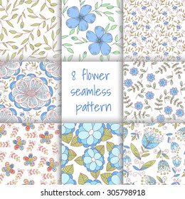 Collection of 8 vector flower seamless pattern. Cute prints.