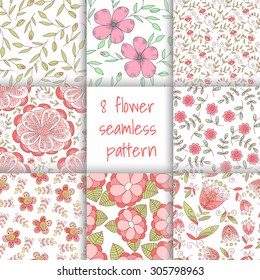 Collection of 8 vector flower seamless pattern. Cute prints.