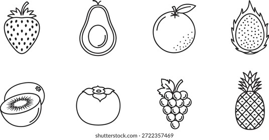 Uma coleção de 8 silhuetas de frutas vetoras, incluindo morango, abacate, pêssego, pera, quivi, maçã, uvas e abacaxi