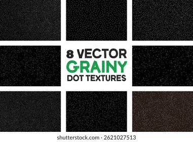 Coleção de 8 texturas de pontos granulados vetoriais. As amostras mostram densidades variadas de pontos brancos em fundos escuros, criando efeitos de ruído e pontilhado. Elementos gráficos escalonáveis.