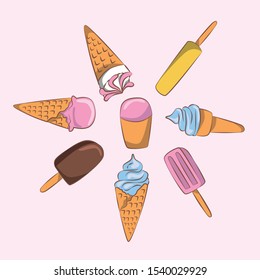 Collection of 8 vector ice cream illustrations with different tastes and topings. 
