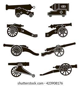 A collection of 8 vector icons of black old guns on a white background