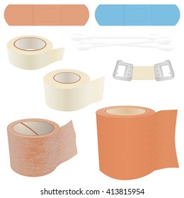 A collection of 8 vector illustrations of bandage items, commonly found in First Aid Kits, including Bandages, Plasters, Cotton Swabs, Medical Gauze and a Bandage Clip. 