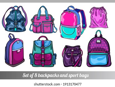 Collection Of 8 Vector Illustrations Of Stylish Backpack Bags In Various Sizes, Types And Shapes, In Pink And Blue Colors, In Hand Drawn Style For Custom Design, Print, Pattern, Stickers.