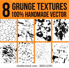 Collection of 8 vector ink textures. Backgrounds for real artistic and handmade look. Grunge and messy splotches, stains and sprays.