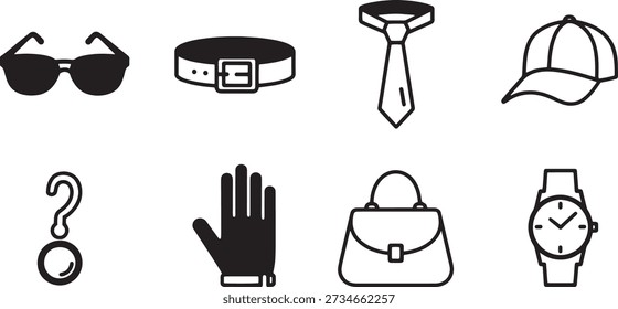 A collection of 8 vector line art silhouettes depicting various fashion accessories and personal items, including sunglasses, belt, tie, hat, keychain, glove, handbag, and watch, in a simple and modern style.