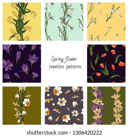 Collection of 8 vector seamless color patterns with spring flowers. Textures with tulips, crocuses, snowdrops and daffodils (narcissus)