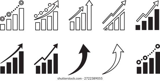 A collection of 8 vector silhouette design elements featuring growth chart and graph icons in black