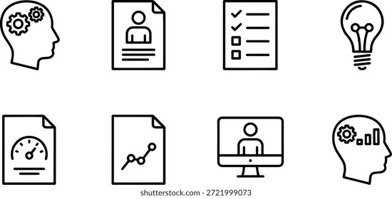 Uma coleção de 8 ícones de silhueta vetorial para design de negócios e tecnologia, apresentando símbolos para ideias, documentos e comunicação