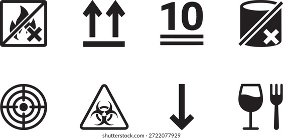 Eine Sammlung von 8 Vektorsilhouetten-Symbolen für Versand- und Handhabungsanweisungen, einschließlich zerbrechlicher Symbole für Handhabung und Warnung