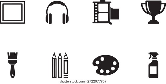 Eine Sammlung von 8 Vektorgrafik-Silhouetten-Symbolen, die verschiedene kreative Werkzeuge und Auszeichnungen darstellen