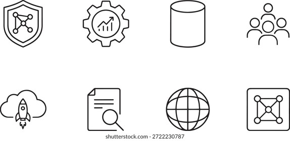 Uma coleção de 8 ícones de silhueta vetorial, incluindo escudo, engrenagem, cilindro, pessoas, nuvem, documento, globo e molécula, para projetos de negócios e tecnologia