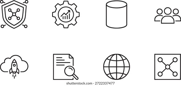 Una colección de 8 íconos de silueta de Vector que representan varios conceptos de negocios, tecnología e Internet