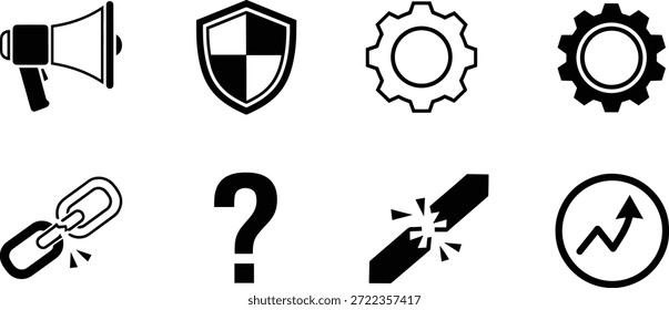 Una colección de 8 iconos de silueta de Vector con símbolos de negocios y tecnología en blanco y negro
