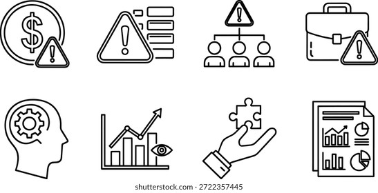Una colección de 8 íconos de silueta de Vector para negocios y finanzas, incluyendo símbolos para administración, estrategia y análisis