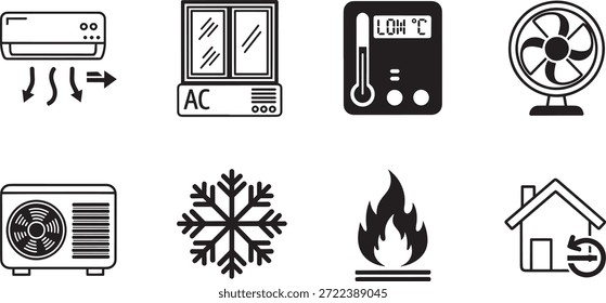 Una colección de 8 íconos de silueta de Vector que representan varios sistemas y símbolos de calefacción y refrigeración
