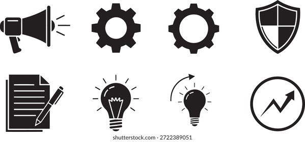 Una colección de 8 íconos de silueta de Vector que representan conceptos empresariales e industriales, incluida la comunicación, las Configuraciones, la protección y la innovación