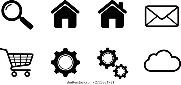 Una colección de 8 iconos de silueta de Vector para el diseño de negocios y hogar, incluyendo lupa, casa, sobre, Carrito de compras, equipo y nube