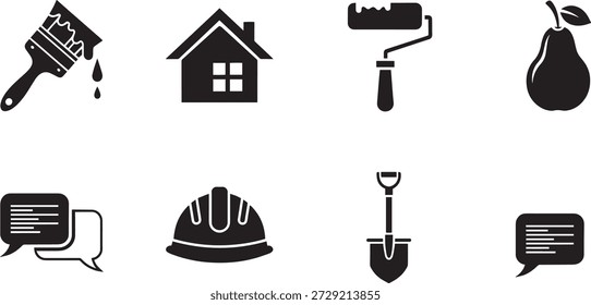 Uma coleção de 8 ícones de silhueta vetorial relacionados à construção, construção e renovação, incluindo ferramentas e equipamentos de segurança