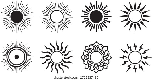A collection of 8 vector sun silhouettes in various designs and styles for use in illustrations and graphic design projects.