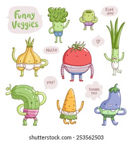 Collection of 8 very cute vector vegetable characters in costumes