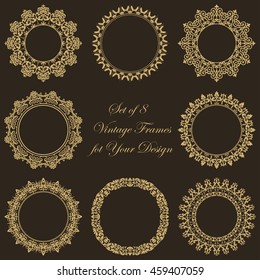 Collection of 8 vintage classic frames. Set of design vector baroque elements. Perfect as invitation or announcement.