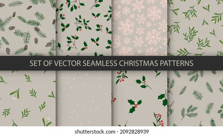 Collection of 8 winter hand drawn seamless patterns. Christmas vector textures. Happy New Year wrapping backgrounds