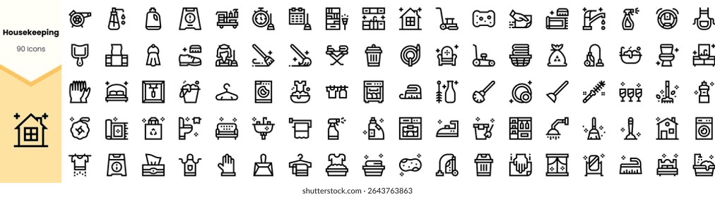 A collection of 80 black line icons representing various housekeeping tasks and tools, perfect for illustrating domestic activities in a minimalist style.