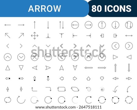 A collection of 80 diverse arrow icons in a clean, minimalist outline style. Includes directional, circular, and navigational arrows for various design applications.