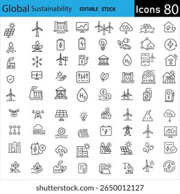 A collection of 80 editable stock icons representing global sustainability and renewable energy sources. The icons feature solar panels, wind turbines, electric vehicles, batteries, and environmental 