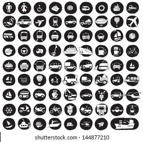 Collection of 80 transportation doodled icons (vignette) on black background, in black-and-white. Individual illustrations are isolated and in eps8 vector mode.