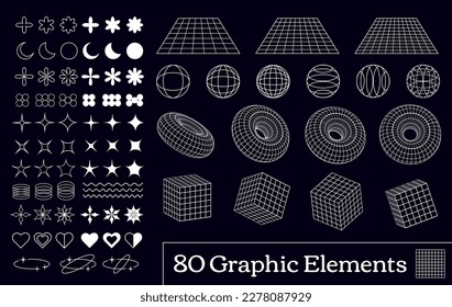 Collection of 80 vector Y2K retro elements, emblems, icons, symbols and geometric forms in wireframe view.