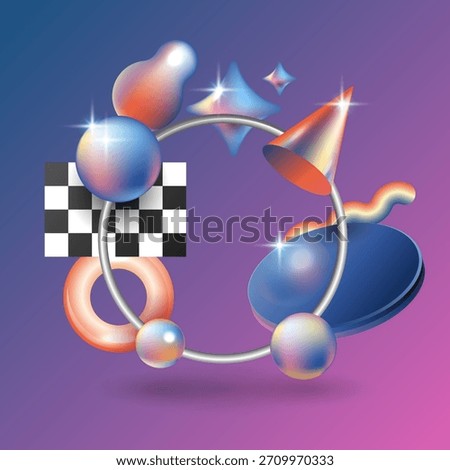 A collection of 80s 90s retro-futuristic elements. Includes holographic spheres, neon grids, palm trees, metallic rings, and geometric shapes with chromatic gradients.