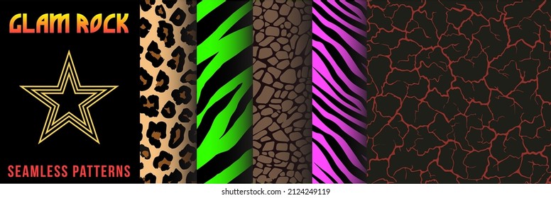 Collection of 80's Glam Rock Metal seamless patterns | Set of abstract vivid vector texture graphics in retro vintage style for apparel and textiles. Zebra, tiger, leopard, chess, soil earth