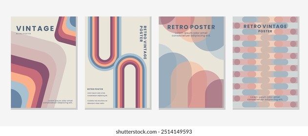 Collection of 80s poster vintage hippie wall art for interior, decorative, banner, cover, card background vector. Set of retro wall decoration, groovy, trippy, colorful line