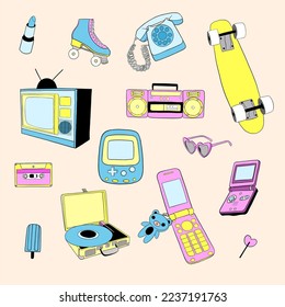 Collection of 80s-90s elements. Roller skate, cassette, skate board, recorder, TV, sunglasses, phone. Old School print. Isolated doodle vector illustration