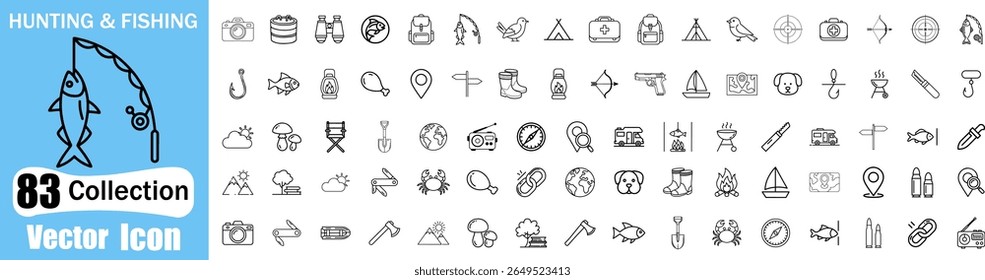 A collection of 83 vector icons representing various hunting and fishing activities, equipment, and outdoor elements. Includes fishing rods, fish, tents, backpacks, and more for adventure themes.