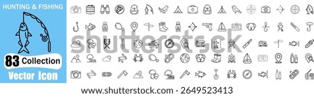 A collection of 83 vector icons representing various hunting and fishing activities, equipment, and outdoor elements. Includes fishing rods, fish, tents, backpacks, and more for adventure themes.