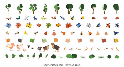 Collection of 89 childish forest elements Trees, insects and birds in different colors Vector illustration in flat cartoon style with watercolor texture Every object are isolated on white background