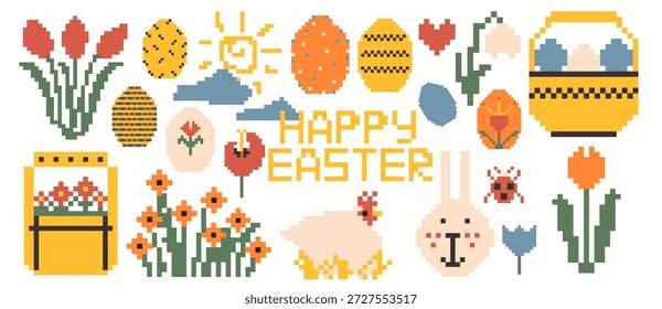 Coleção de ícones de arte de 8 bits pixel para uma celebração Feliz Páscoa, com símbolos tradicionais ovos decorativos, um coelho bonito, tulipas de primavera, uma cesta floral e uma galinha em um estilo de videogame nostálgico