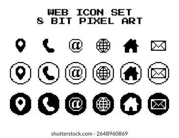 Uma coleção de ícones da Web de 8 bits pixel art em um estilo digital retrô. Inclui símbolos de contato e navegação como telefone, email, pin de mapa, casa, globo e sinal at. Perfeito para vintage web design, ret
