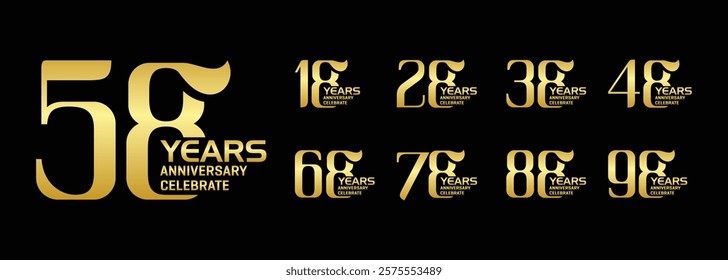 Collection of 8th to 98th anniversary logo designs with gold numbers on a black background for celebration events, congratulations, invitations