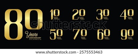 Collection of 8th to 98th anniversary logo designs with gold numbers on a black background for celebration events, congratulations, invitations