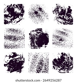 Collection de 9 textures abstraites sous forme d'impressions et de traits à l'encre. Fait à la main avec un effet de texture rugueuse, idéal pour les arrière-plans, collages, création d'affiches, couvertures, création graphique