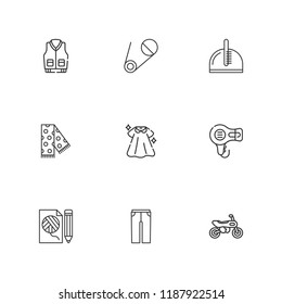 Collection of 9 accessories outline icons include icons such as hair dryer, motorcycle, dress, trousers, comb, fashion, jacket, scarf