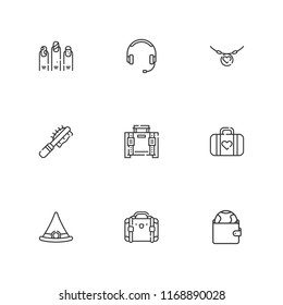 Collection of 9 accessory outline icons include icons such as headphones, suitcase, purse, luggage, necklace, briefcase, witch hat, nails