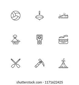 Collection of 9 active outline icons include icons such as top, canoe, diving suit, ice ax, rowing, volleyball, volcano