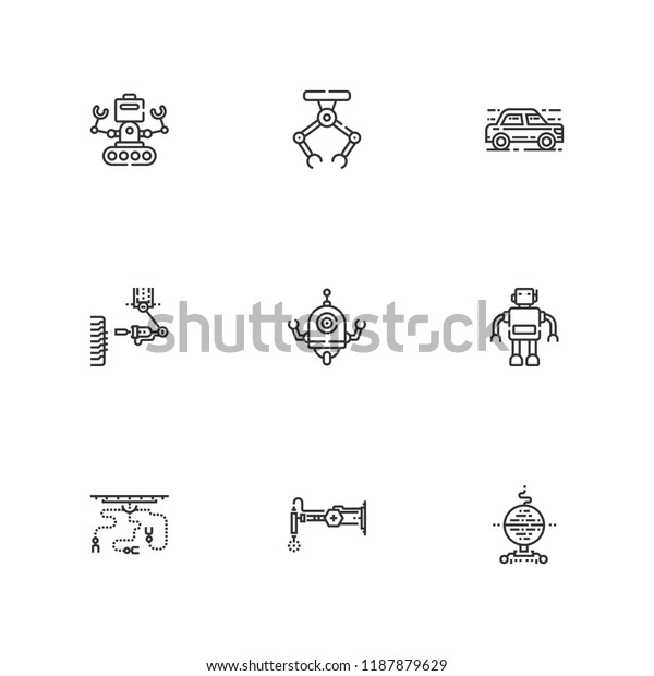 Collection of 9 ai outline icons include icons such\
as robot, industrial\
robot