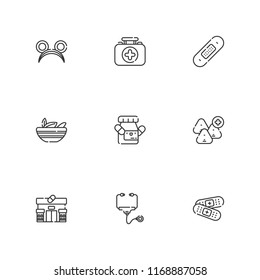 Collection of 9 aid outline icons include icons such as first aid kit, medicine, bandage, stethoscope, ears, pharmacy