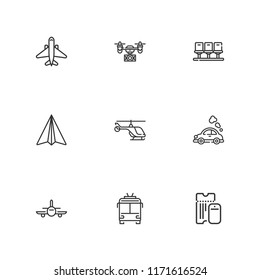 Collection of 9 aircraft outline icons include icons such as paper airplane, helicopter, drone, airplane, trolleybus, plane, seats, vehicle